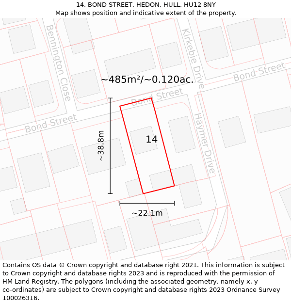 14, BOND STREET, HEDON, HULL, HU12 8NY: Plot and title map