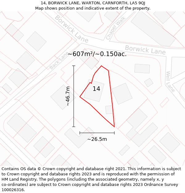 14, BORWICK LANE, WARTON, CARNFORTH, LA5 9QJ: Plot and title map