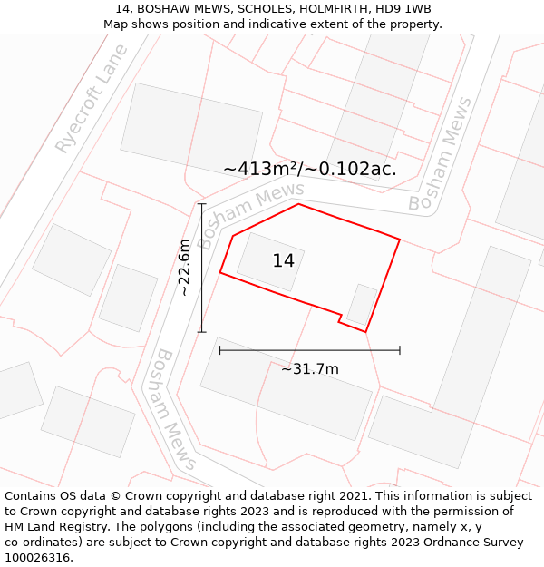 14, BOSHAW MEWS, SCHOLES, HOLMFIRTH, HD9 1WB: Plot and title map