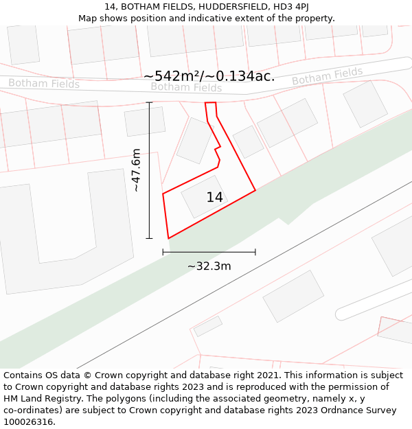 14, BOTHAM FIELDS, HUDDERSFIELD, HD3 4PJ: Plot and title map