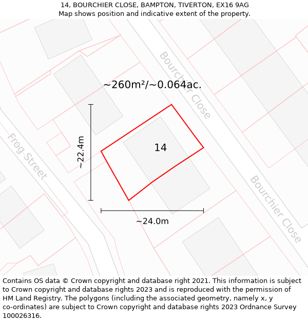 14, BOURCHIER CLOSE, BAMPTON, TIVERTON, EX16 9AG: Plot and title map