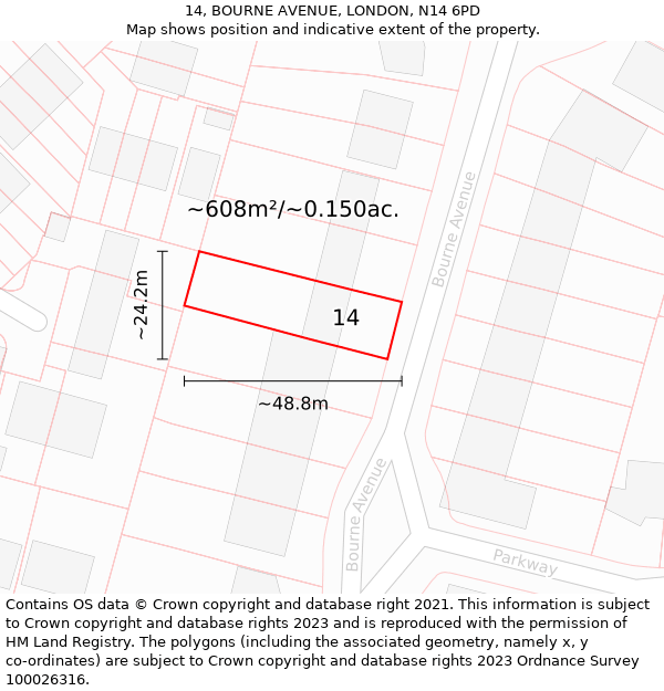 14, BOURNE AVENUE, LONDON, N14 6PD: Plot and title map