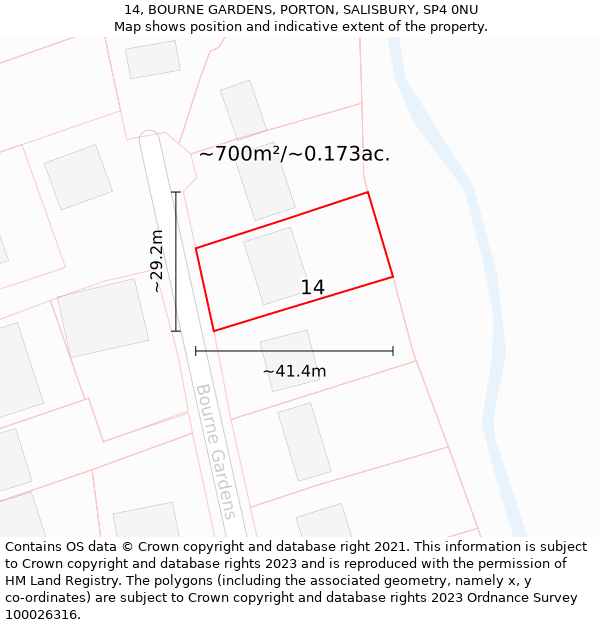 14, BOURNE GARDENS, PORTON, SALISBURY, SP4 0NU: Plot and title map