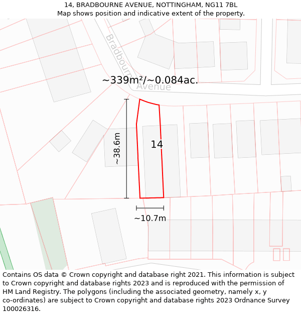 14, BRADBOURNE AVENUE, NOTTINGHAM, NG11 7BL: Plot and title map