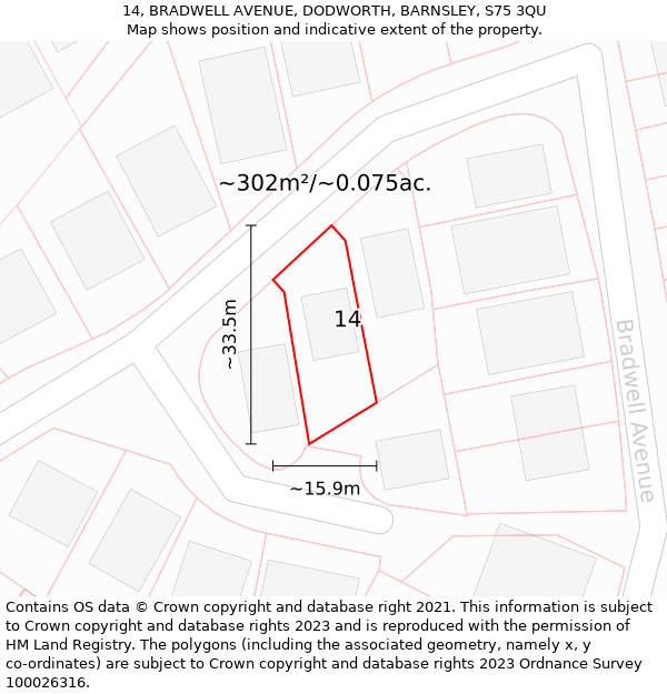 14, BRADWELL AVENUE, DODWORTH, BARNSLEY, S75 3QU: Plot and title map