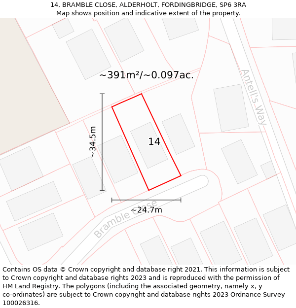 14, BRAMBLE CLOSE, ALDERHOLT, FORDINGBRIDGE, SP6 3RA: Plot and title map