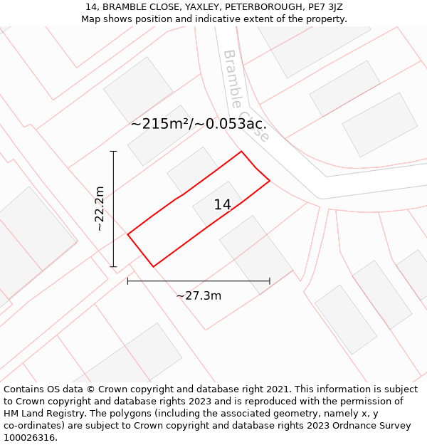 14, BRAMBLE CLOSE, YAXLEY, PETERBOROUGH, PE7 3JZ: Plot and title map