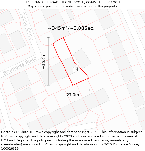 14, BRAMBLES ROAD, HUGGLESCOTE, COALVILLE, LE67 2GH: Plot and title map