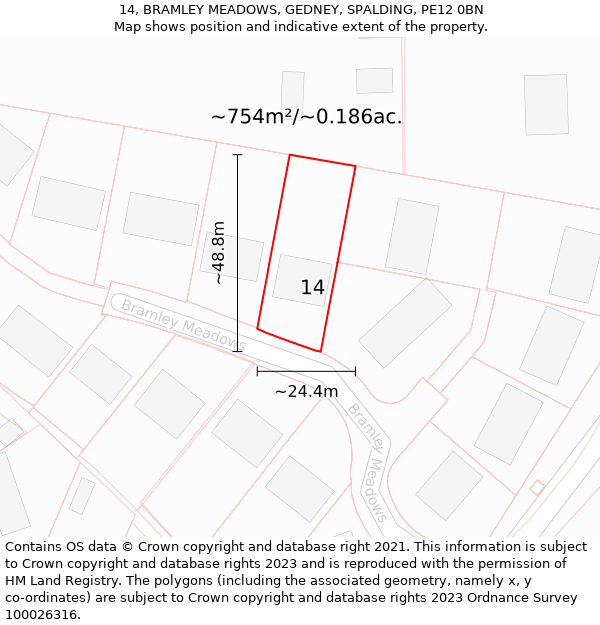 14, BRAMLEY MEADOWS, GEDNEY, SPALDING, PE12 0BN: Plot and title map