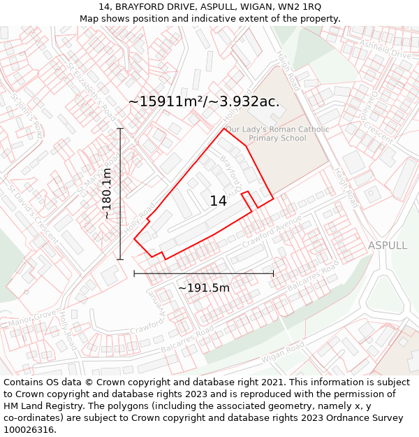 14, BRAYFORD DRIVE, ASPULL, WIGAN, WN2 1RQ: Plot and title map