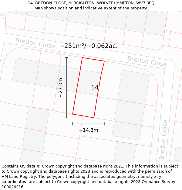 14, BREDON CLOSE, ALBRIGHTON, WOLVERHAMPTON, WV7 3PQ: Plot and title map