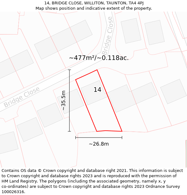 14, BRIDGE CLOSE, WILLITON, TAUNTON, TA4 4PJ: Plot and title map