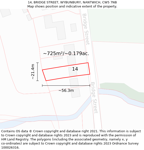 14, BRIDGE STREET, WYBUNBURY, NANTWICH, CW5 7NB: Plot and title map