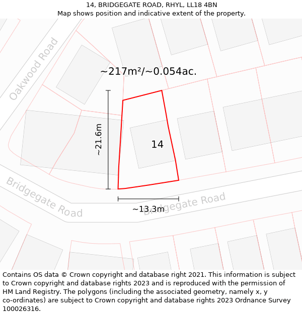 14, BRIDGEGATE ROAD, RHYL, LL18 4BN: Plot and title map