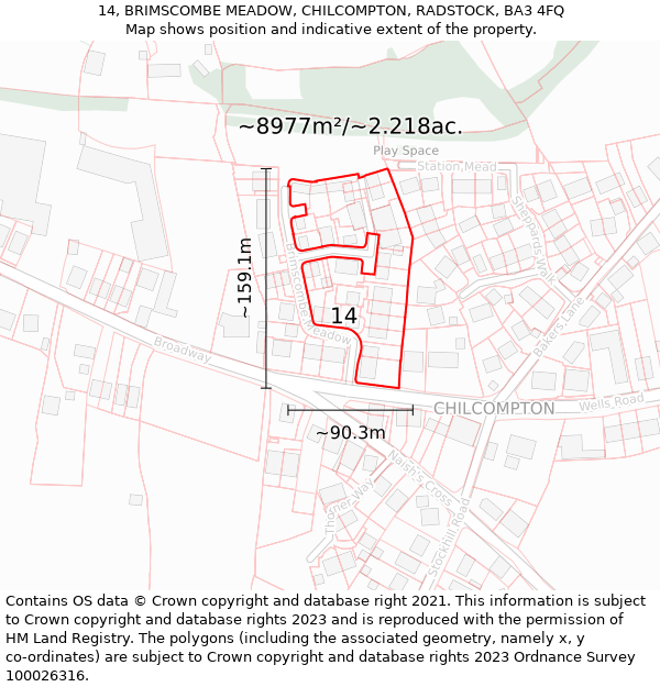 14, BRIMSCOMBE MEADOW, CHILCOMPTON, RADSTOCK, BA3 4FQ: Plot and title map