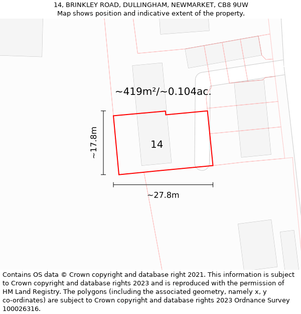 14, BRINKLEY ROAD, DULLINGHAM, NEWMARKET, CB8 9UW: Plot and title map