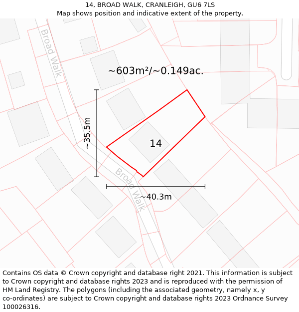 14, BROAD WALK, CRANLEIGH, GU6 7LS: Plot and title map