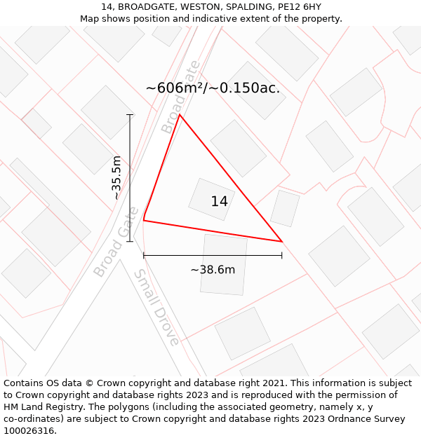 14, BROADGATE, WESTON, SPALDING, PE12 6HY: Plot and title map