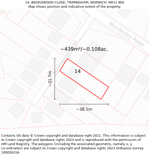 14, BROADWOOD CLOSE, TRIMINGHAM, NORWICH, NR11 8EE: Plot and title map