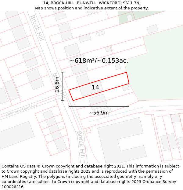 14, BROCK HILL, RUNWELL, WICKFORD, SS11 7NJ: Plot and title map