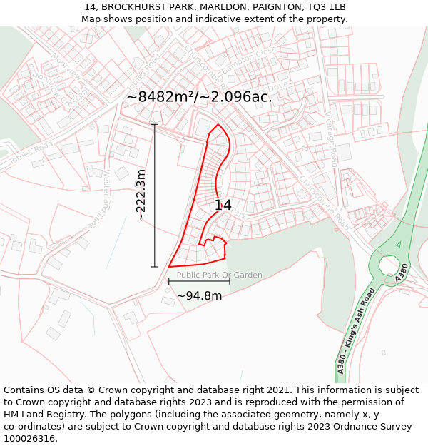 14, BROCKHURST PARK, MARLDON, PAIGNTON, TQ3 1LB: Plot and title map