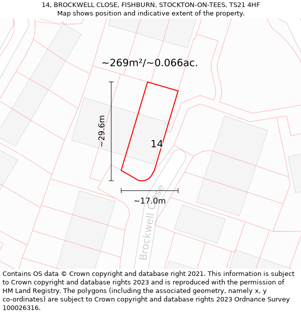 14, BROCKWELL CLOSE, FISHBURN, STOCKTON-ON-TEES, TS21 4HF: Plot and title map