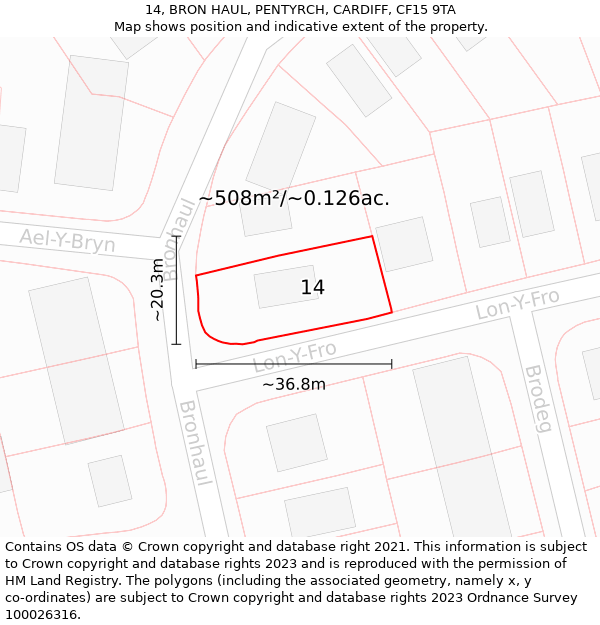 14, BRON HAUL, PENTYRCH, CARDIFF, CF15 9TA: Plot and title map