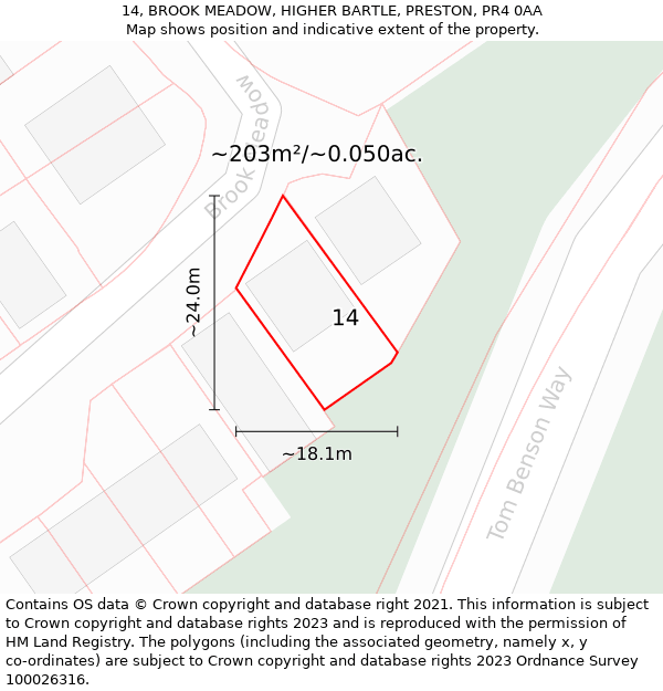 14, BROOK MEADOW, HIGHER BARTLE, PRESTON, PR4 0AA: Plot and title map