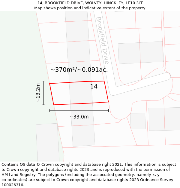 14, BROOKFIELD DRIVE, WOLVEY, HINCKLEY, LE10 3LT: Plot and title map