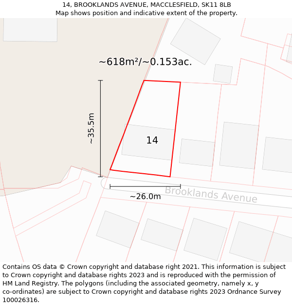 14, BROOKLANDS AVENUE, MACCLESFIELD, SK11 8LB: Plot and title map