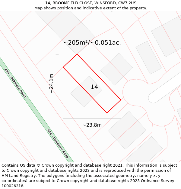 14, BROOMFIELD CLOSE, WINSFORD, CW7 2US: Plot and title map