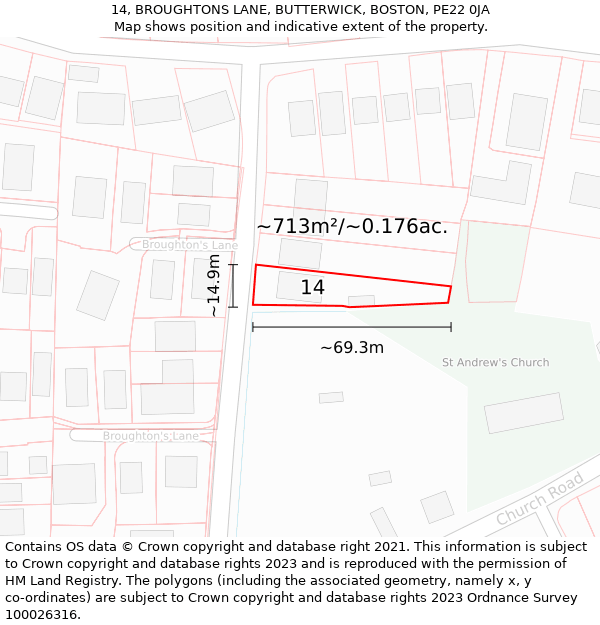 14, BROUGHTONS LANE, BUTTERWICK, BOSTON, PE22 0JA: Plot and title map