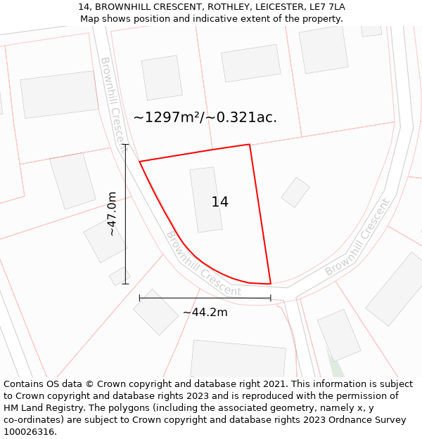 14, BROWNHILL CRESCENT, ROTHLEY, LEICESTER, LE7 7LA: Plot and title map