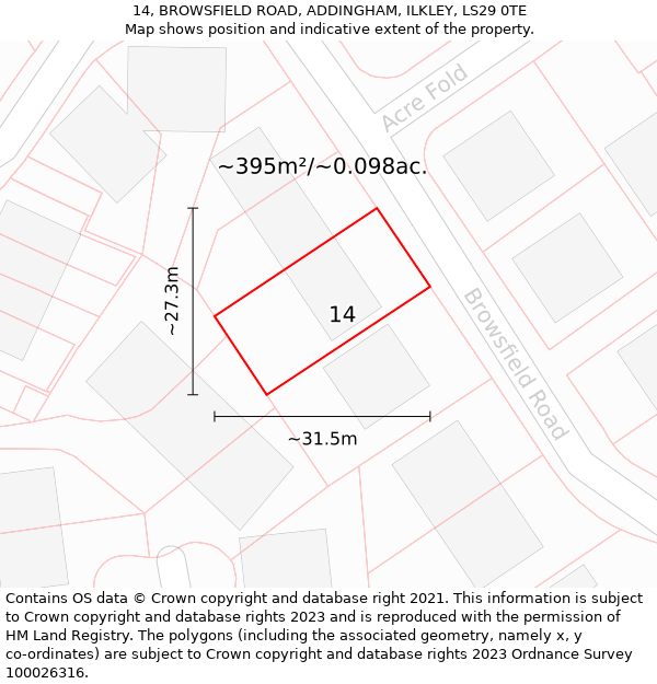 14, BROWSFIELD ROAD, ADDINGHAM, ILKLEY, LS29 0TE: Plot and title map