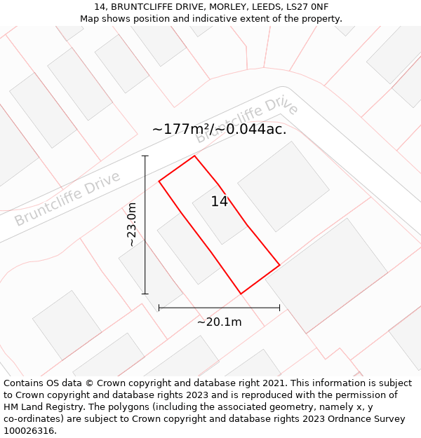 14, BRUNTCLIFFE DRIVE, MORLEY, LEEDS, LS27 0NF: Plot and title map