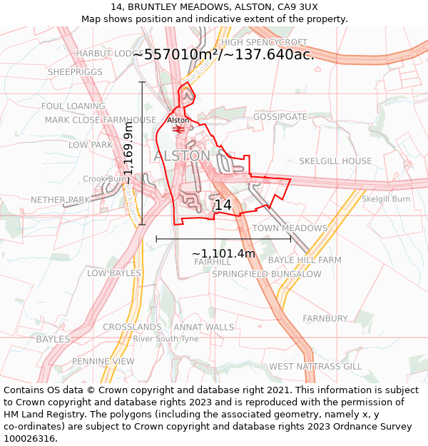 14, BRUNTLEY MEADOWS, ALSTON, CA9 3UX: Plot and title map