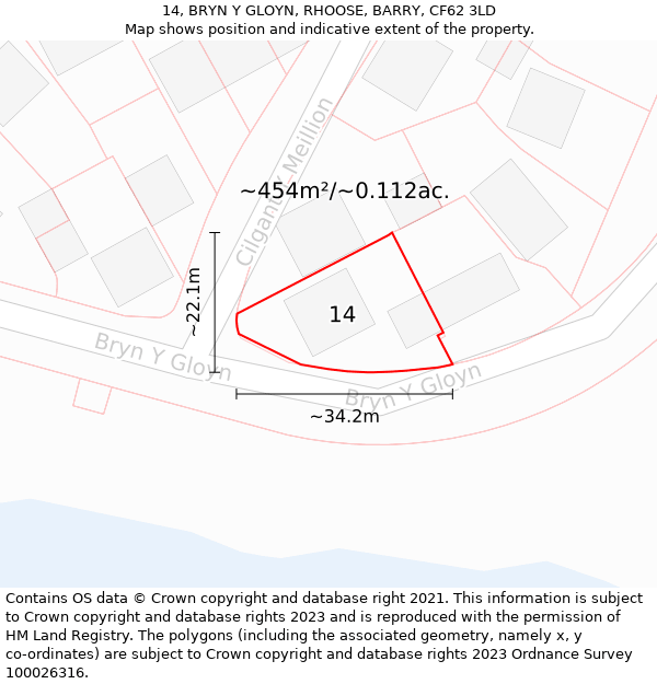 14, BRYN Y GLOYN, RHOOSE, BARRY, CF62 3LD: Plot and title map