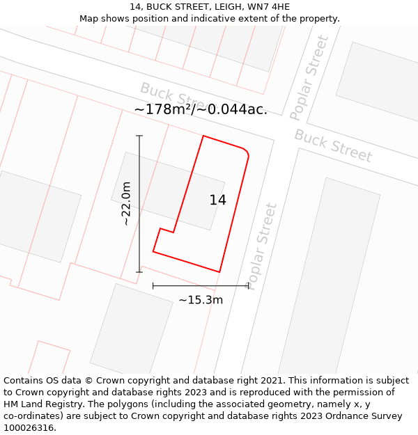 14, BUCK STREET, LEIGH, WN7 4HE: Plot and title map