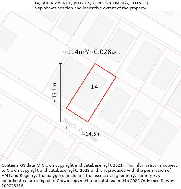 14, BUICK AVENUE, JAYWICK, CLACTON-ON-SEA, CO15 2LJ: Plot and title map