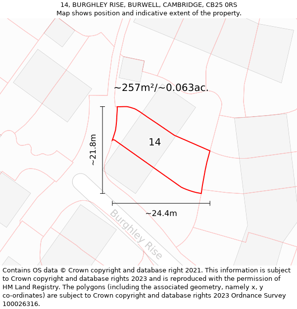 14, BURGHLEY RISE, BURWELL, CAMBRIDGE, CB25 0RS: Plot and title map