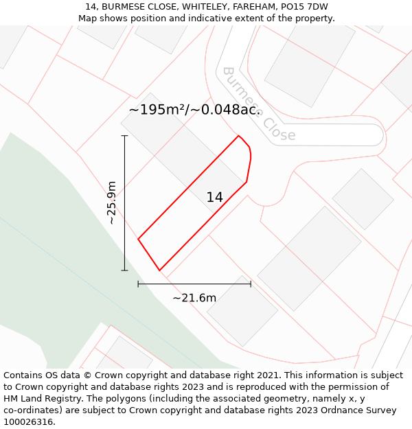 14, BURMESE CLOSE, WHITELEY, FAREHAM, PO15 7DW: Plot and title map