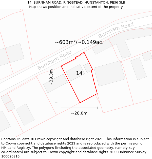 14, BURNHAM ROAD, RINGSTEAD, HUNSTANTON, PE36 5LB: Plot and title map