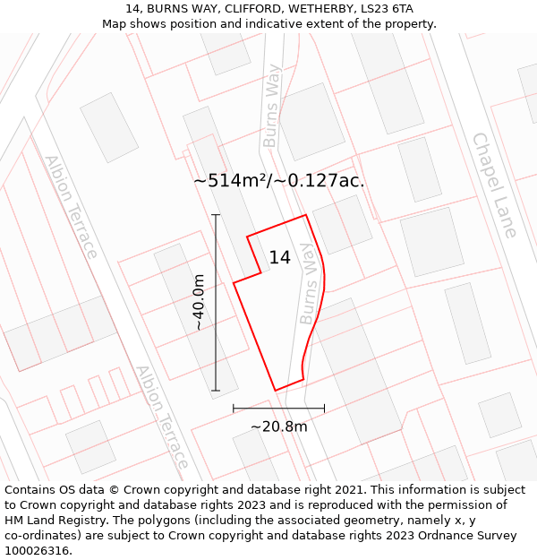 14, BURNS WAY, CLIFFORD, WETHERBY, LS23 6TA: Plot and title map