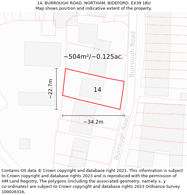 14, BURROUGH ROAD, NORTHAM, BIDEFORD, EX39 1BU: Plot and title map