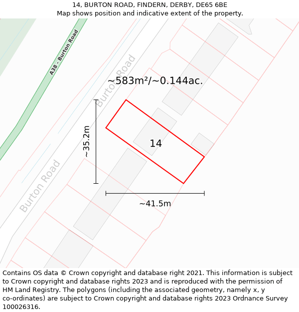 14, BURTON ROAD, FINDERN, DERBY, DE65 6BE: Plot and title map