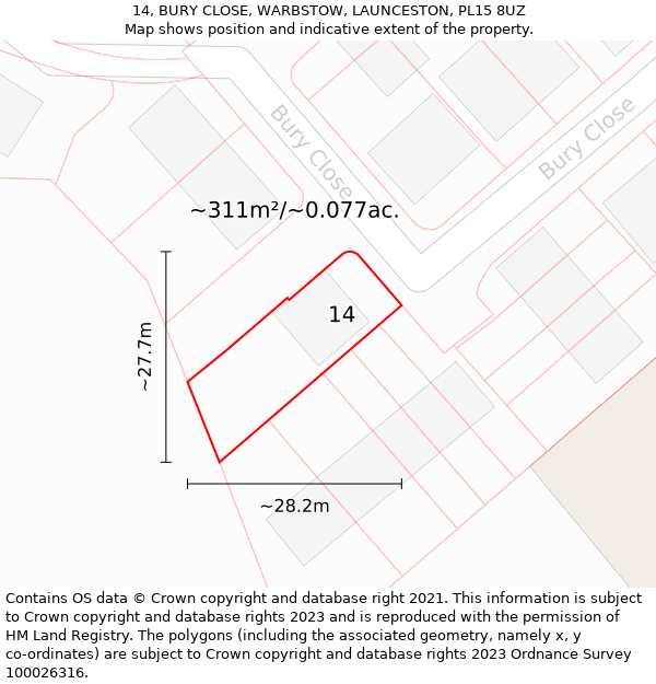 14, BURY CLOSE, WARBSTOW, LAUNCESTON, PL15 8UZ: Plot and title map