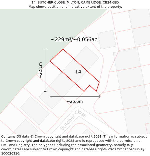 14, BUTCHER CLOSE, MILTON, CAMBRIDGE, CB24 6ED: Plot and title map