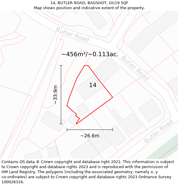 14, BUTLER ROAD, BAGSHOT, GU19 5QF: Plot and title map