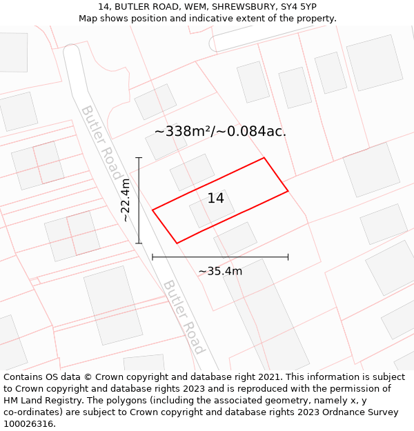 14, BUTLER ROAD, WEM, SHREWSBURY, SY4 5YP: Plot and title map