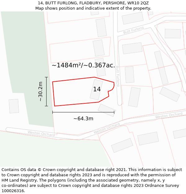 14, BUTT FURLONG, FLADBURY, PERSHORE, WR10 2QZ: Plot and title map